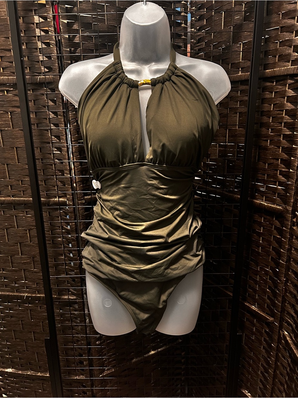 Lauren Ralph Lauren Dark Olive High-Neck Halter one piece with Gold Detail w16
